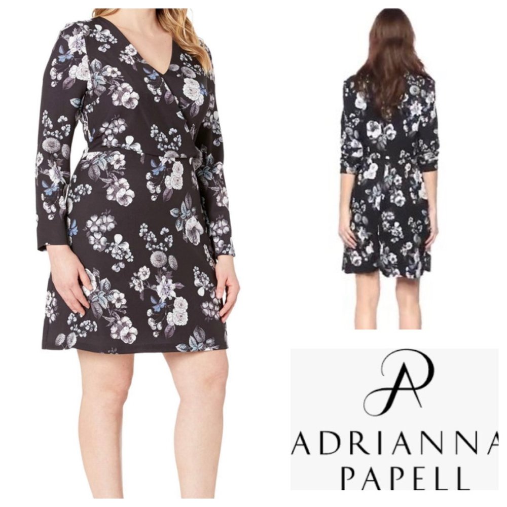 14 & 22W Adrianna Papell Black Floral A-Line Dress